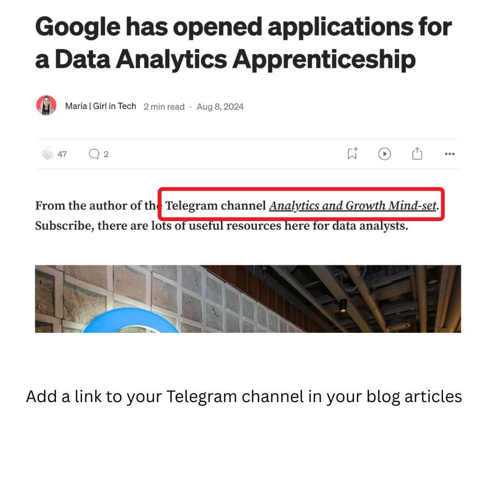 Add a link to your Telegram channel in your blog articles - example of how to get clients from telegram