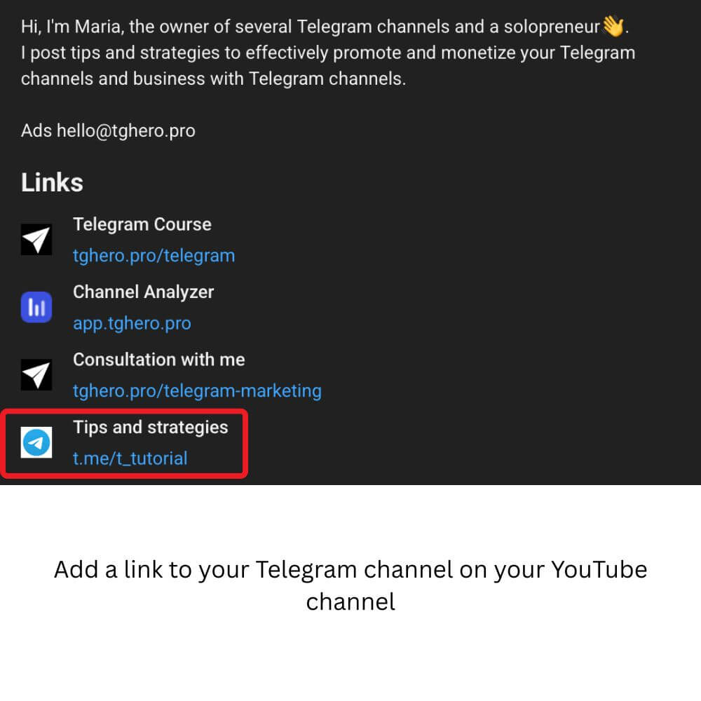 adding a link to a telegram channel on YouTube channel - telegram marketing example