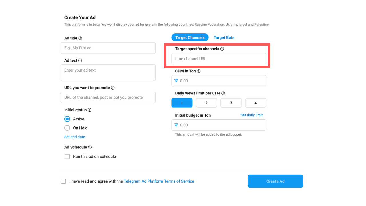 Telegram ads target channels