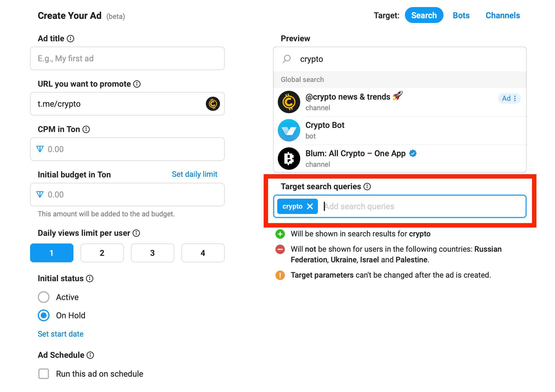 telegram ads dashboard for advertising in search results