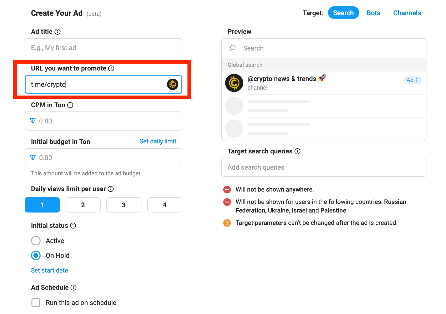 Telegram Ads dashboard showing the “Create Your Ad” form with URL field set to t.me/crypto and a preview of the @crypto news & trends channel appearing in search results