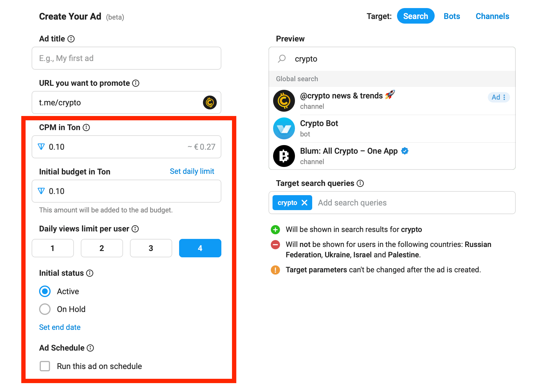 telegram ads dashboard for advertising in telegram search results