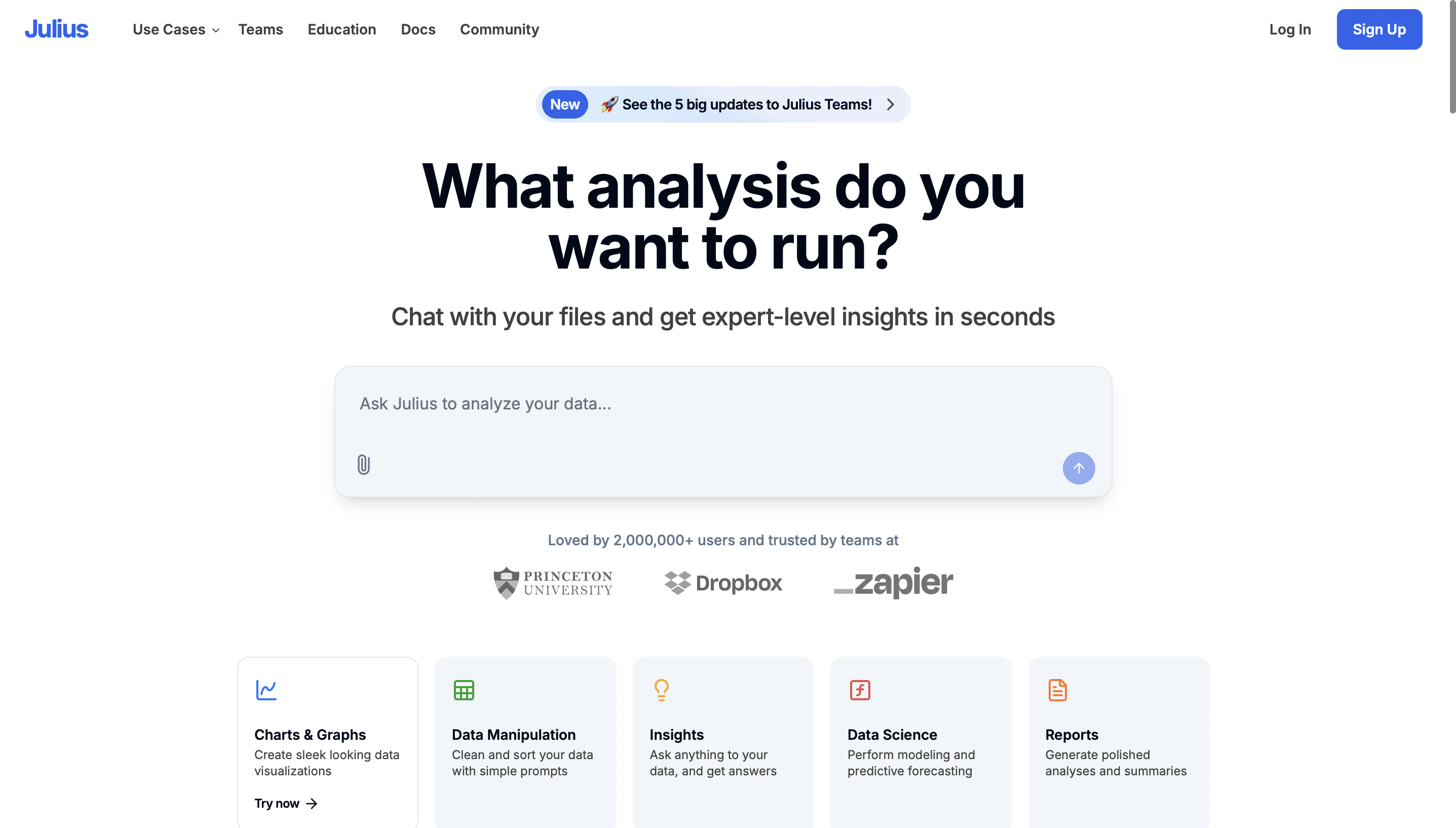 Julius AI data analysis tool homepage – chat with your data and get business insights instantly using smart data tools. Telegram Hero website