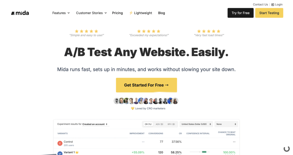 Mida A/B testing tool homepage – data tool for optimizing websites with fast, no-code split tests