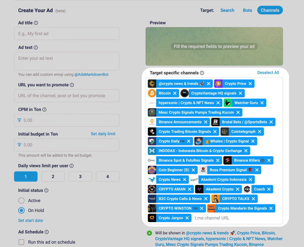 Telegram Ads example showing multiple channels selected in the targeting section of the ad setup dashboard. Demonstrates how to advertise on Telegram by choosing specific channel placements. Part of a Telegram ads tutorial on how to run Telegram ads effectively.