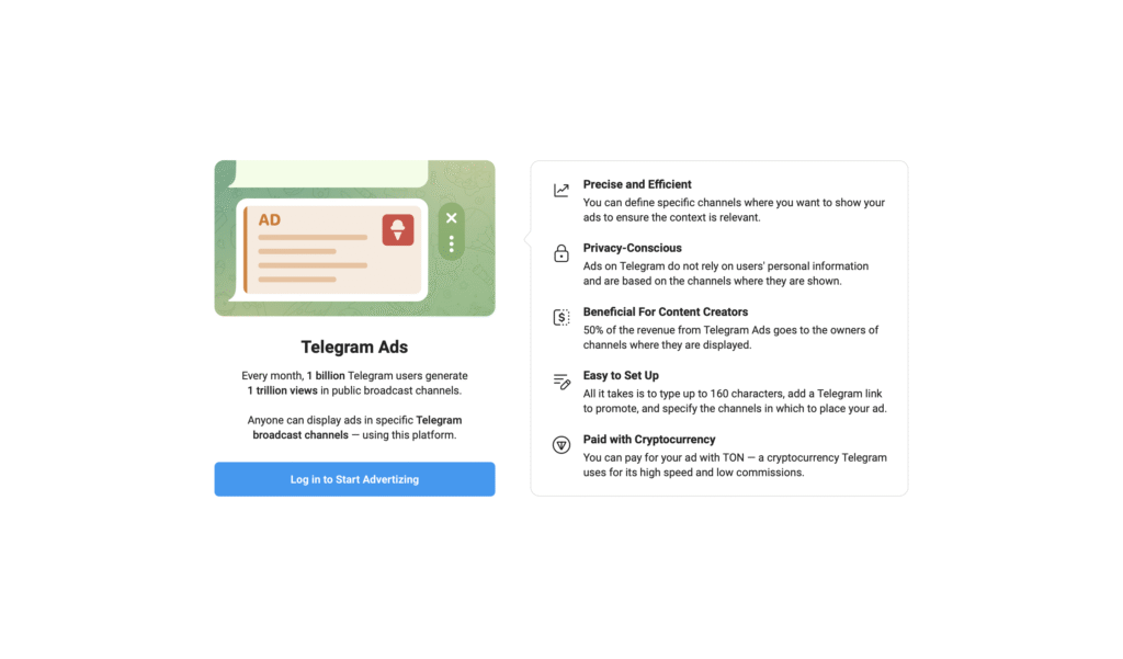 Telegram Ads platform overview explaining how to run Telegram ads. Includes key features: precise targeting, privacy-conscious setup, content creator revenue share, easy ad setup with 160 characters, and payment via TON cryptocurrency. Telegram ads example for promotion in public channels.