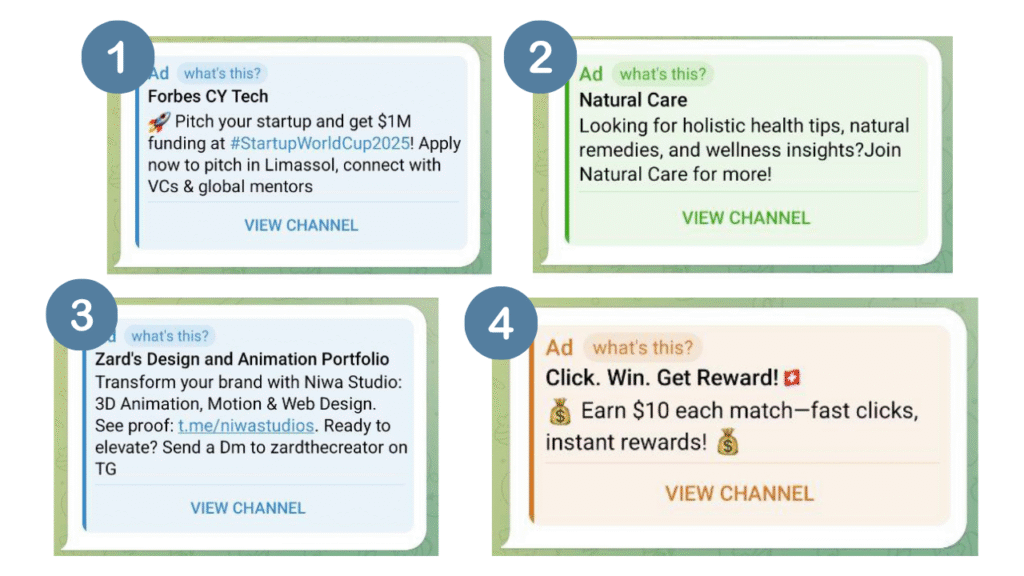Telegram ads copy examples for 2025 – four different ad designs labeled 1 to 4. Ad #1 promotes a startup funding opportunity (Forbes CY Tech), Ad #2 is for Natural Care wellness tips, Ad #3 offers design services (Zard’s Studio), and Ad #4 makes exaggerated crypto reward claims. Useful for learning how Telegram ads work and identifying high-converting vs bad Telegram ads copy. Perfect for articles on how to run Telegram ads, advertise Telegram bots and channels, and optimize Telegram ad campaigns.