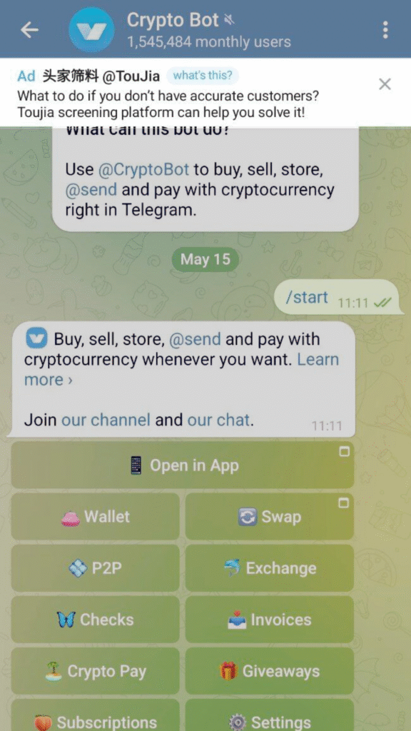 Telegram ads example displayed inside a Telegram bot. Shows how Telegram ads work in bot interfaces with a sponsored message at the top of the chat. Demonstrates how to advertise on Telegram through bots as part of a Telegram ads tutorial for promotion and growth.