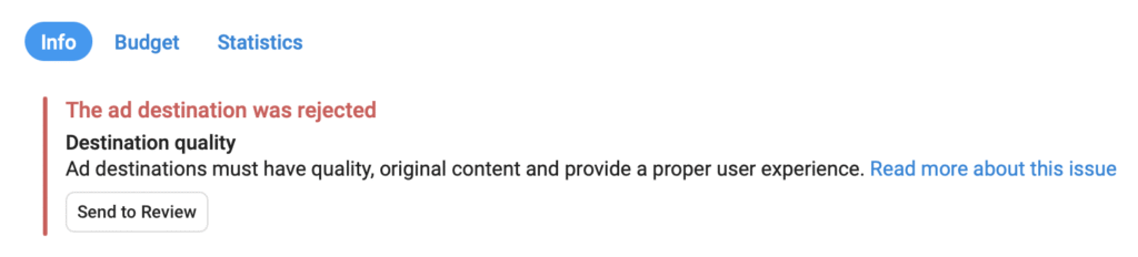 Telegram ads example showing rejection due to destination quality. The error message states that ad destinations must have quality, original content, and proper user experience. Demonstrates a common issue in how to run Telegram ads and why Telegram ads get rejected.