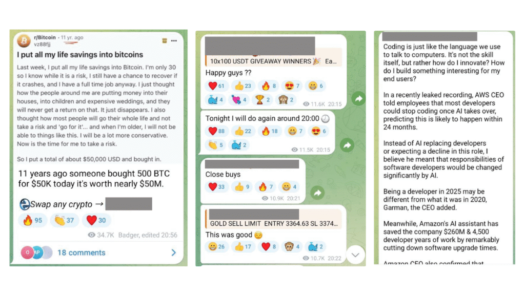 Examples of Telegram channel posts: (1) viral Bitcoin investment story with a CTA to swap crypto, (2) financial trading group with giveaway and trade update posts using emojis, and (3) long-form AI industry insight post discussing AWS CEO's view on coding and the future of developers. Visual comparison of Telegram post styles for engagement and promotion.