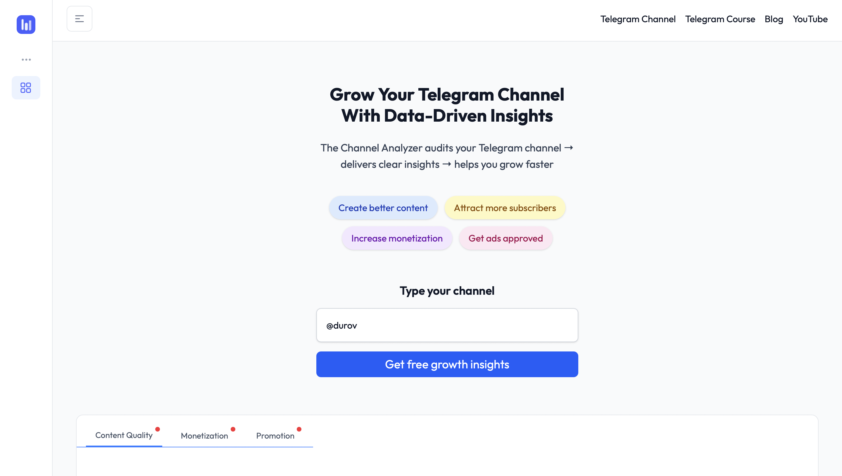 So I created a free tool that help your analyze your channel first. You just need to put your channel and you will get an analysis in a few minutes that will give you advice how to promote your telegram channel, how to make content that people will read and finally how to monetize.
Channel analyzer