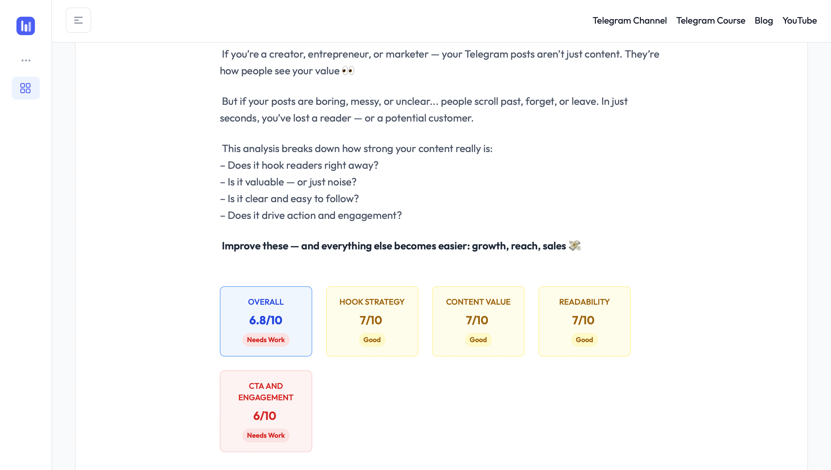 It gives scores on how your channel performs in every area, helping you focus on what needs improvement to boost growth, engagement, and monetization. Channel analyzer