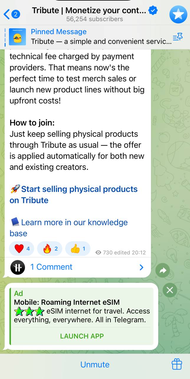 Telegram ad example — shows a promoted message inside a Telegram channel with “Ad” label and a “LAUNCH APP” button